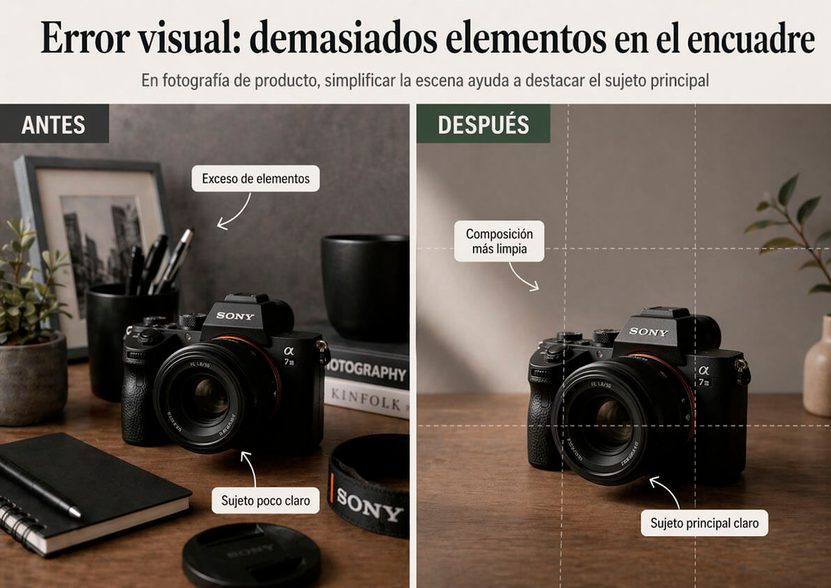 Antes y después de composición en fotografía de producto con menos elementos en el encuadre