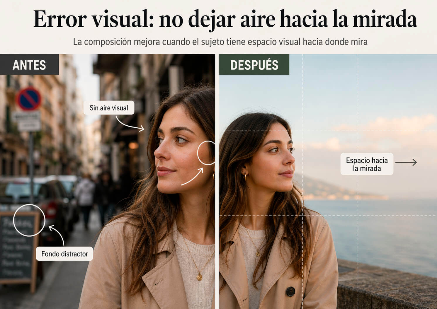 Antes y después de composición fotográfica dejando aire hacia la mirada en un retrato