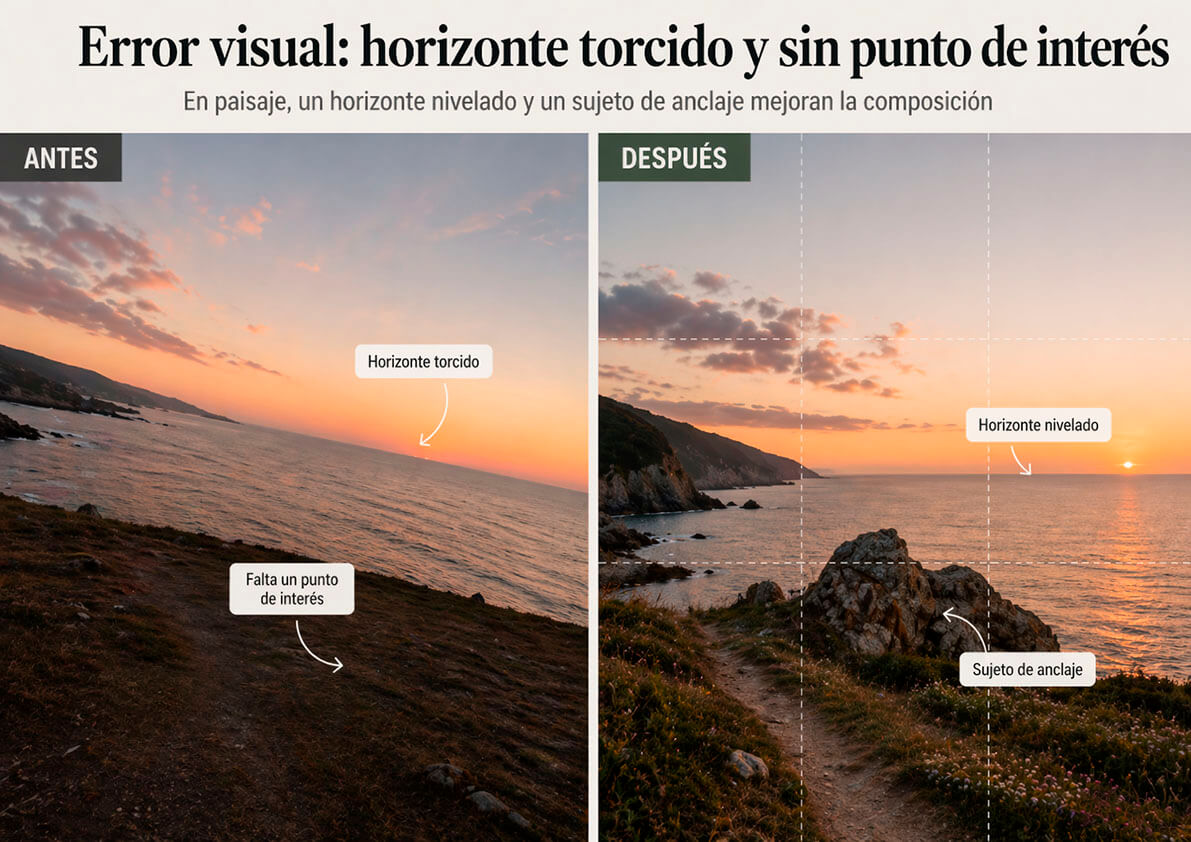 Antes y después de composición en paisaje con horizonte torcido y sujeto de anclaje
