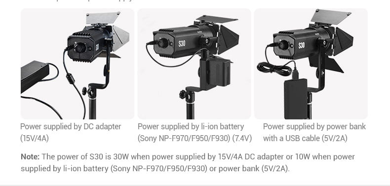Godox LED S30 con zoom y fuentes de alimentación