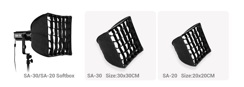 Godox LED S30 con zoom y softbox SA-30 y SA-20