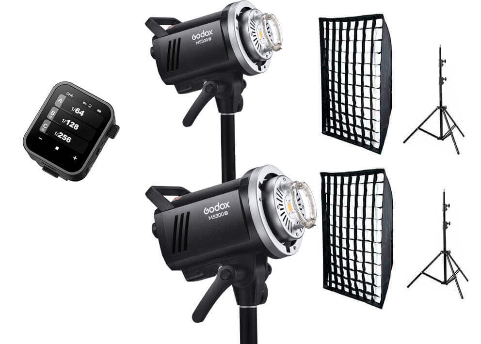 Kit Godox MS300V para Nikon con softbox y disparador X3-N, ideal para fotografía newborn