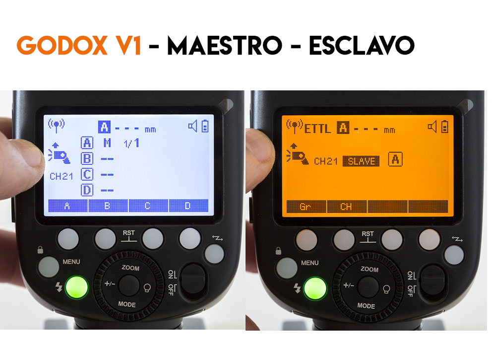 Dos flashes Godox V1 configurados en modo maestro y esclavo