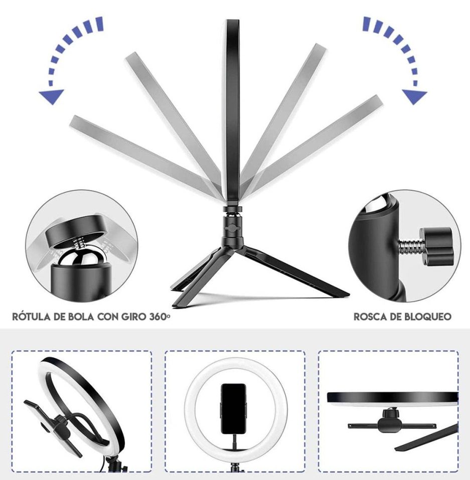 Anillo LED de 26 cm con pie y remoto Bluetooth