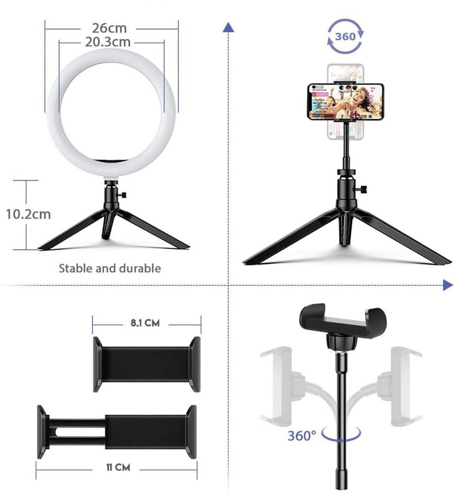 Anillo LED de 26 cm con pie y remoto Bluetooth