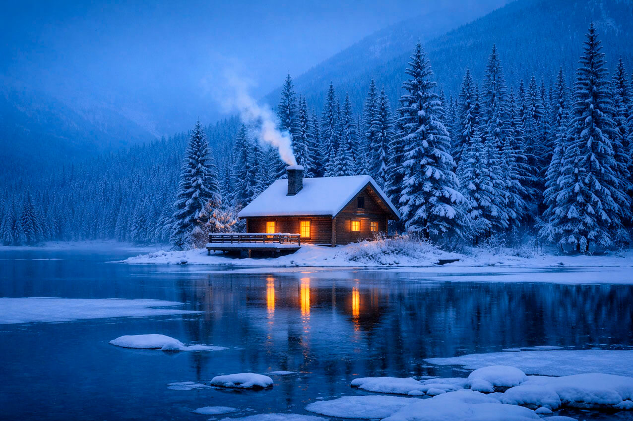 Cabaña en invierno junto a un lago helado y árboles nevados