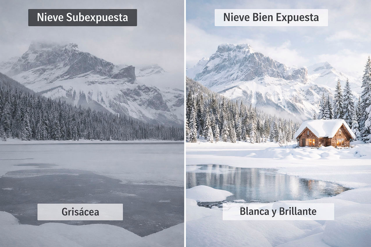 Comparativa de nieve subexpuesta y nieve bien expuesta en fotografía de paisaje