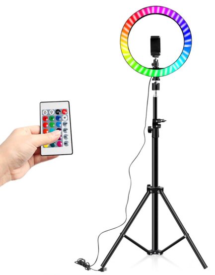 Aro LED RGB de 26 cm con pie y remoto Bluetooth