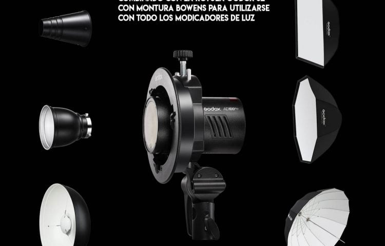 Godox AD100Pro combinado con la rótula Godox S2 montura Bowens