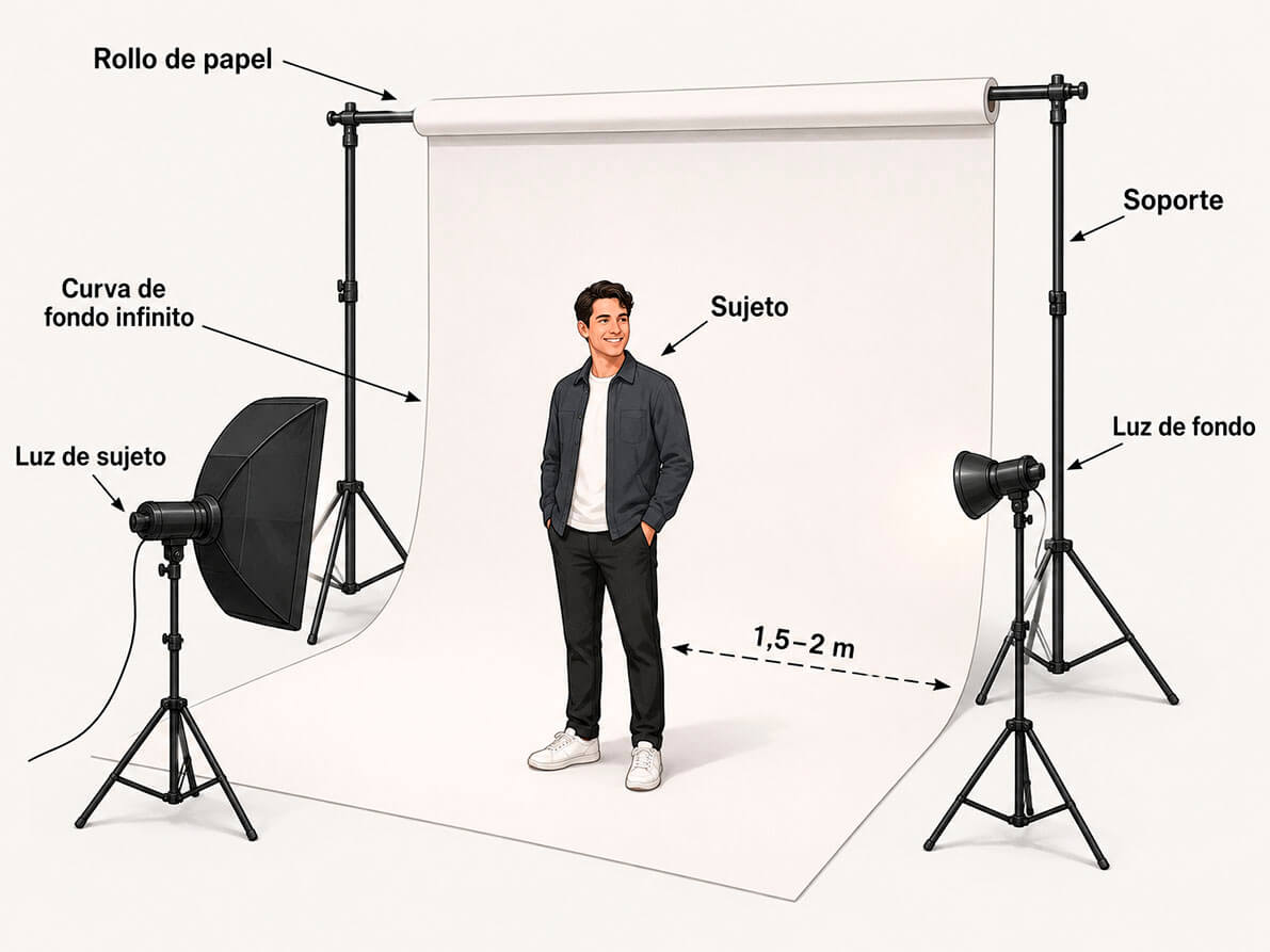 Esquema para montar fondos de estudio de papel con soporte portátil, fondo infinito y luces
