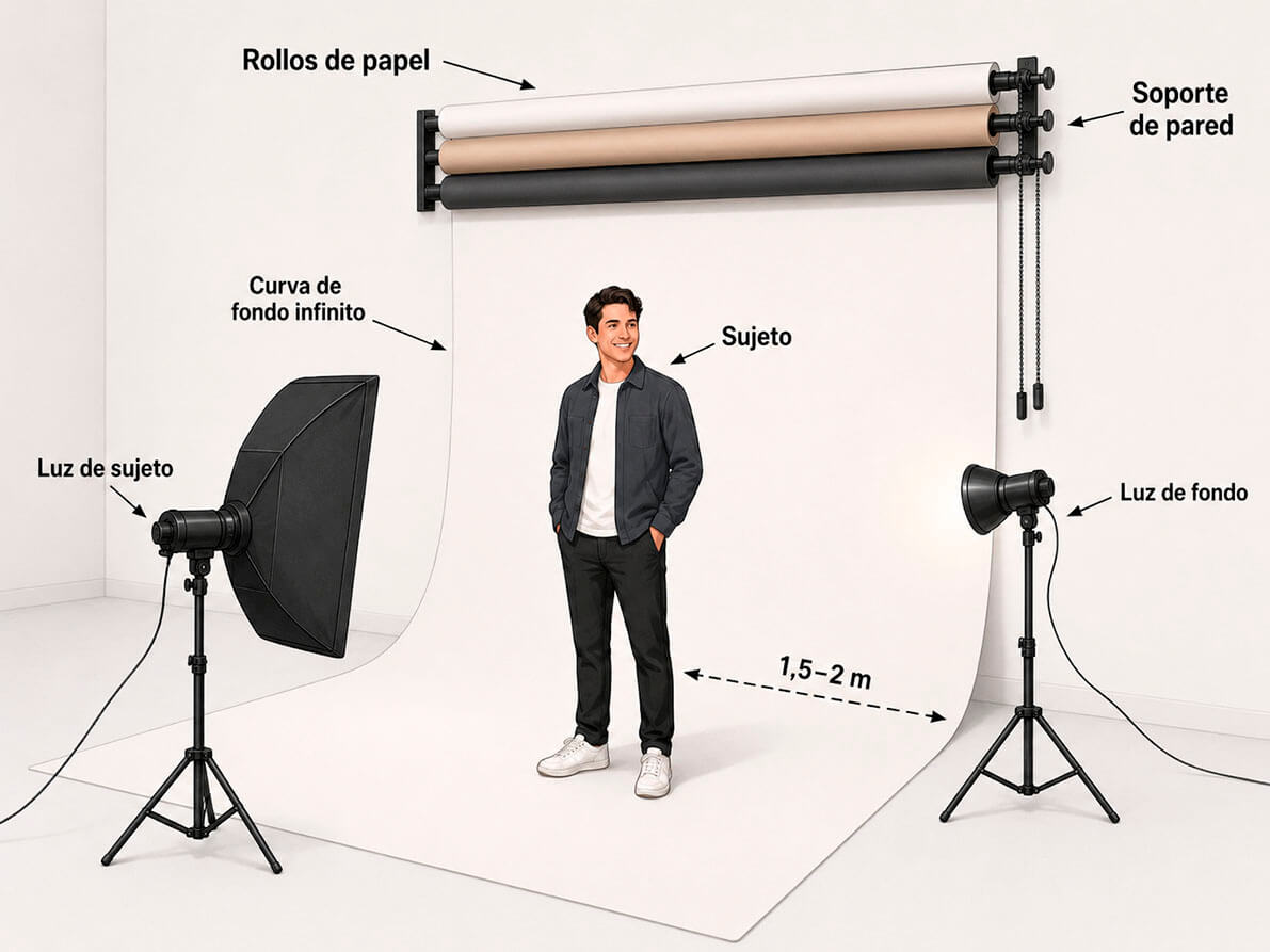 Esquema de soporte de pared con tres rollos de papel para fondos de estudio