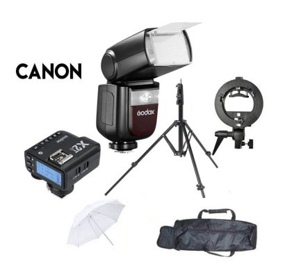 Kit flash Godox V860III Canon con soporte, disparador y paraguas