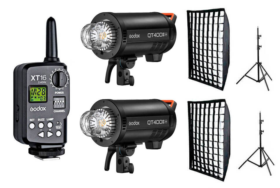 Kit 2x flashes de estudio Godox QT400III con accesorios