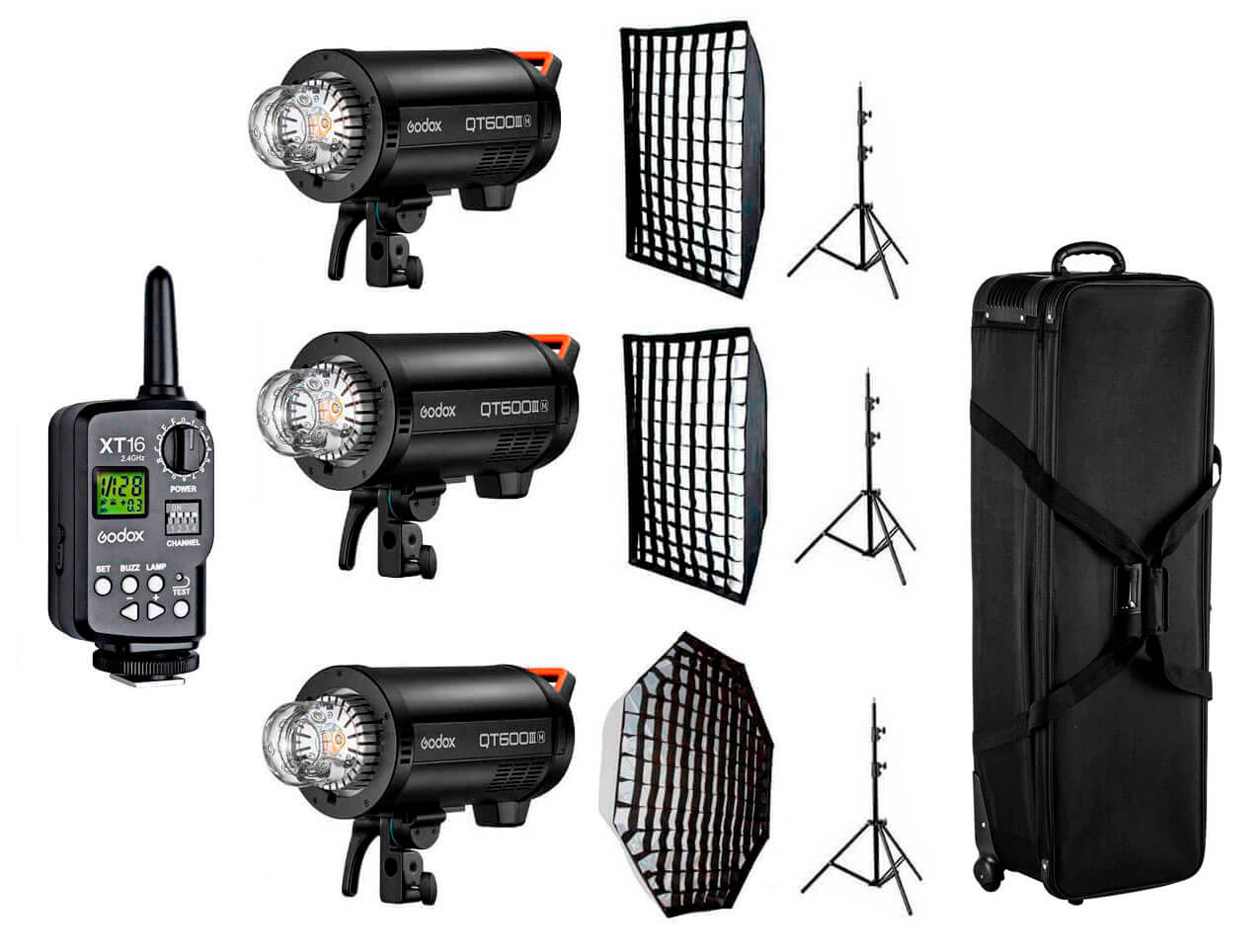 Kit 3x flashes de estudio Godox QT600III con trolley