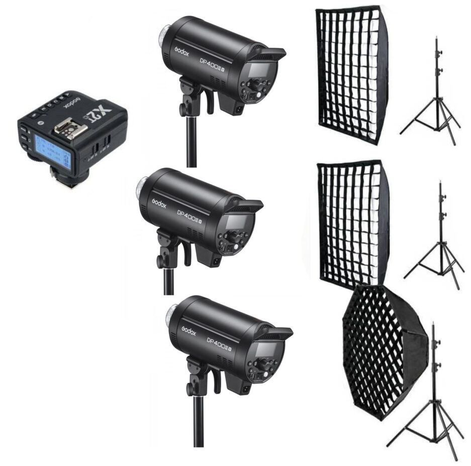 Kit 3 Flashes Godox DP400III-V Para Fuji con accesorios