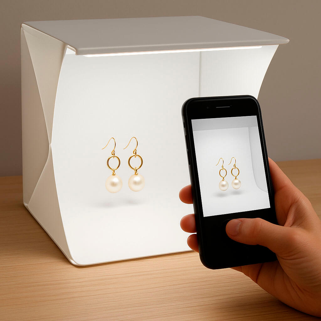 Caja de luz LED tamaño mediano para ecommerce con móvil