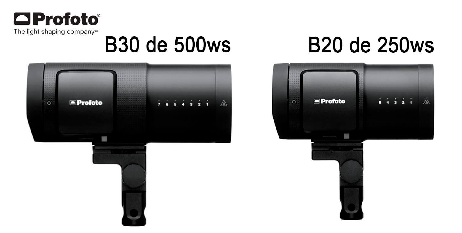 Comparación de tamaño y diseño entre Profoto B20 y B30