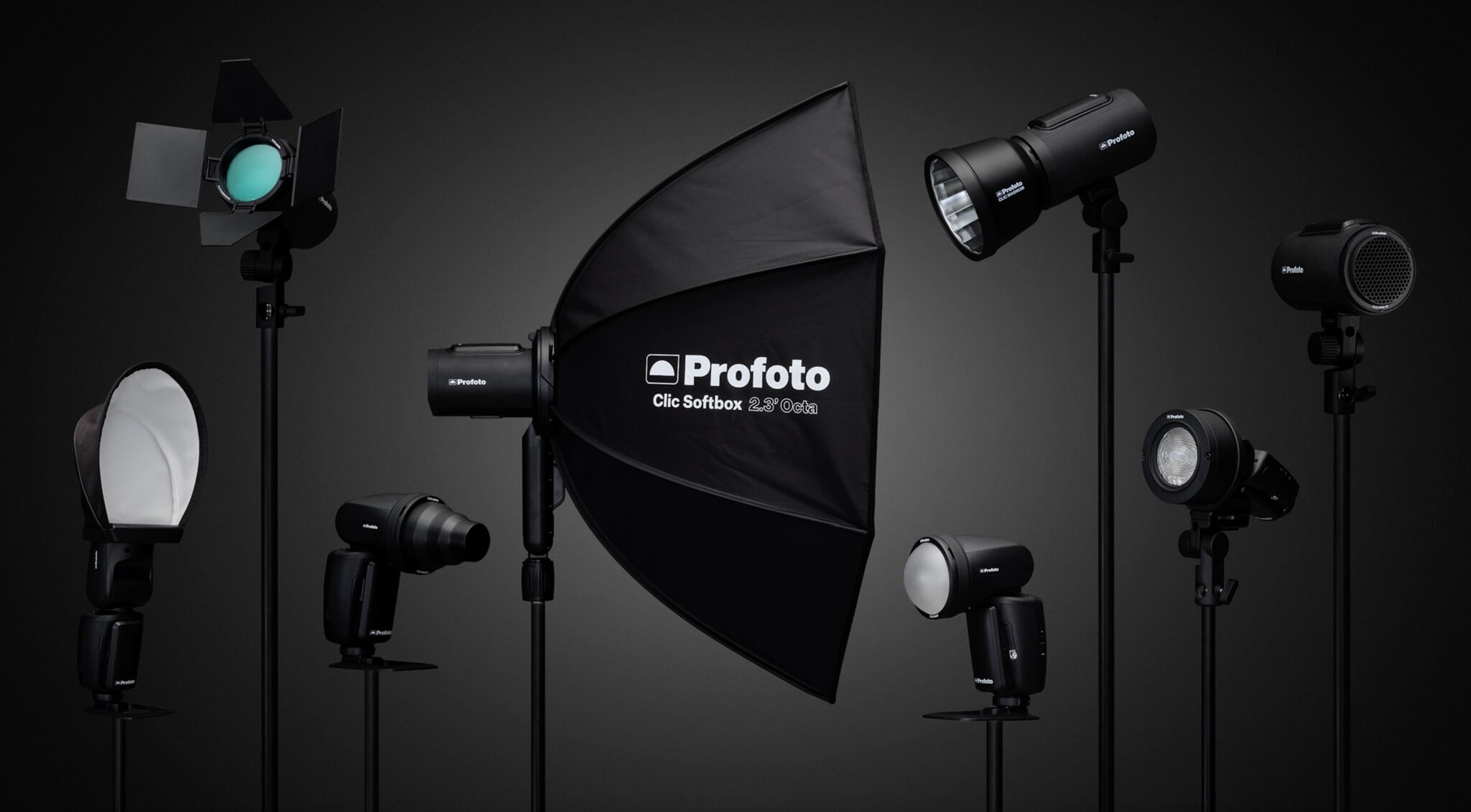 Vista general de modificadores de luz Profoto como softboxes, beauty dish y grids