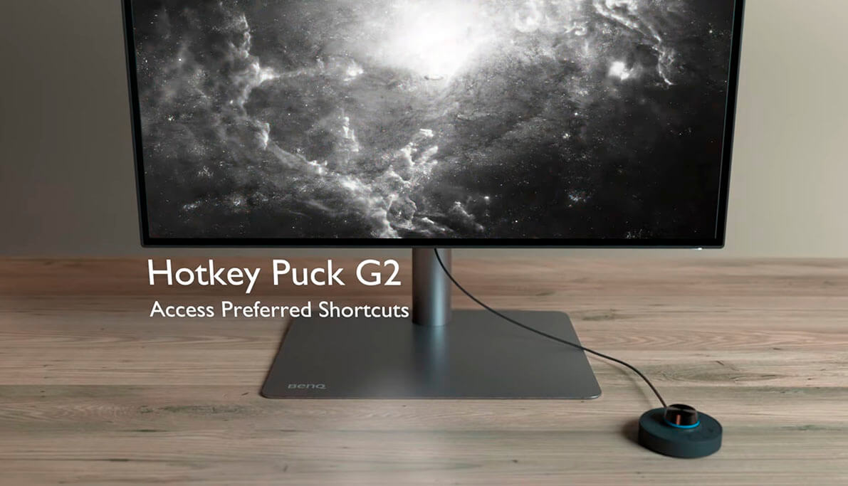 Hotkey Puck G2 del monitor BenQ PD2725U mostrando accesos directos a funciones OSD