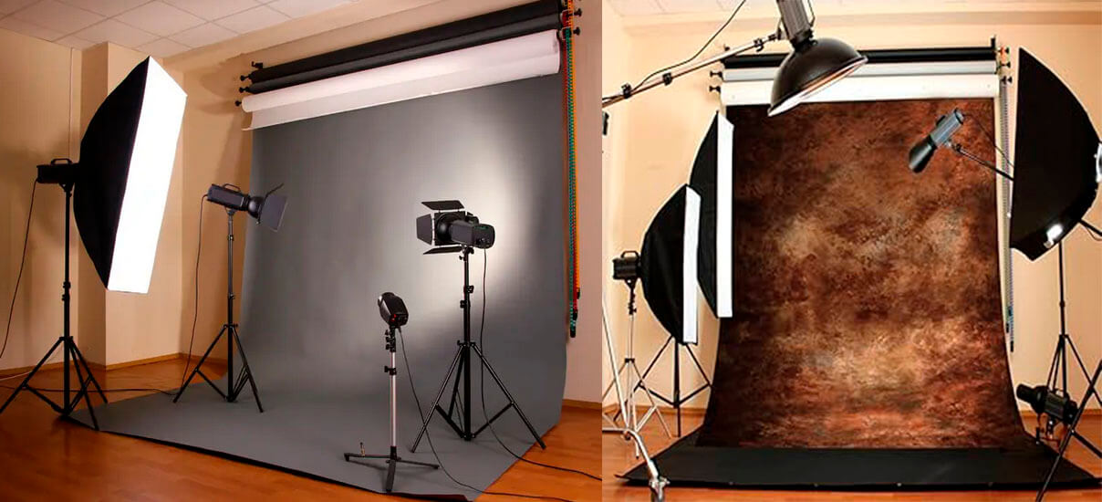 Iluminación uniforme de fondo fotográfico en estudio profesional