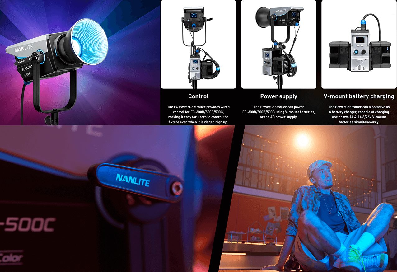 Foco Nanlite FC-500B RGBW alimentado por batería V-Mount para localización y exteriores Foco Nanlite FC-500B RGBW de luz continua alimentado por batería V-Mount para localización y exteriores