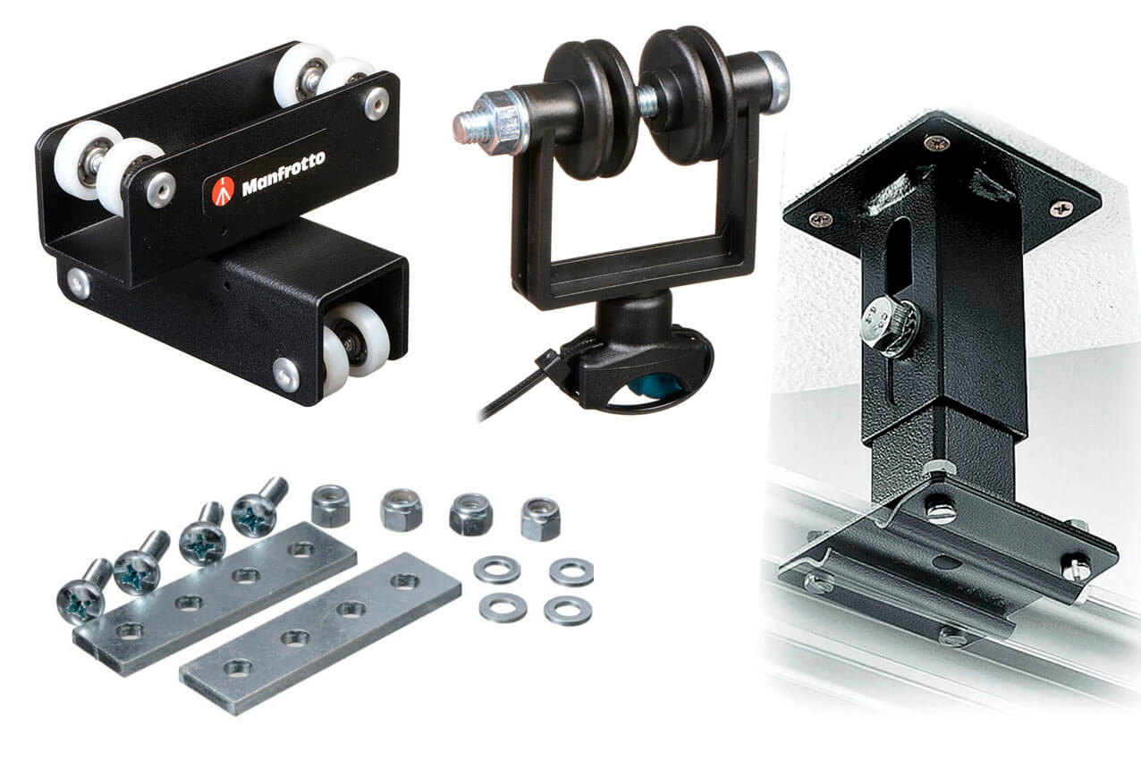 Accesorios Manfrotto Sky Track: monturas de techo, carros deslizantes y pantógrafos