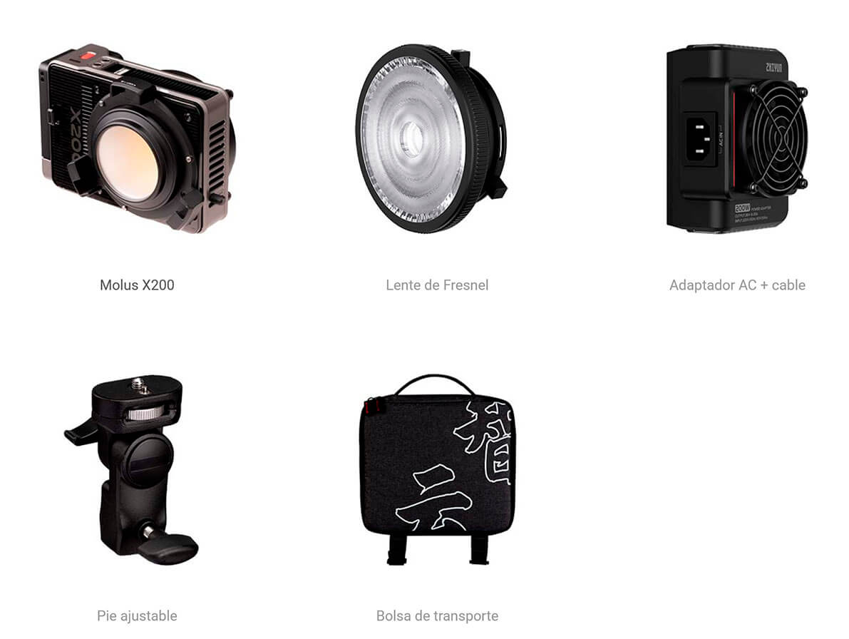 Accesorios incluidos del Zhiyun Molus X200 para vídeo y fotografía profesional