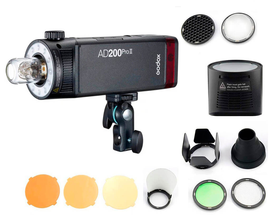 Flash Godox AD200Pro II kit con cabeza redonda H200R y accesorios AK-R1