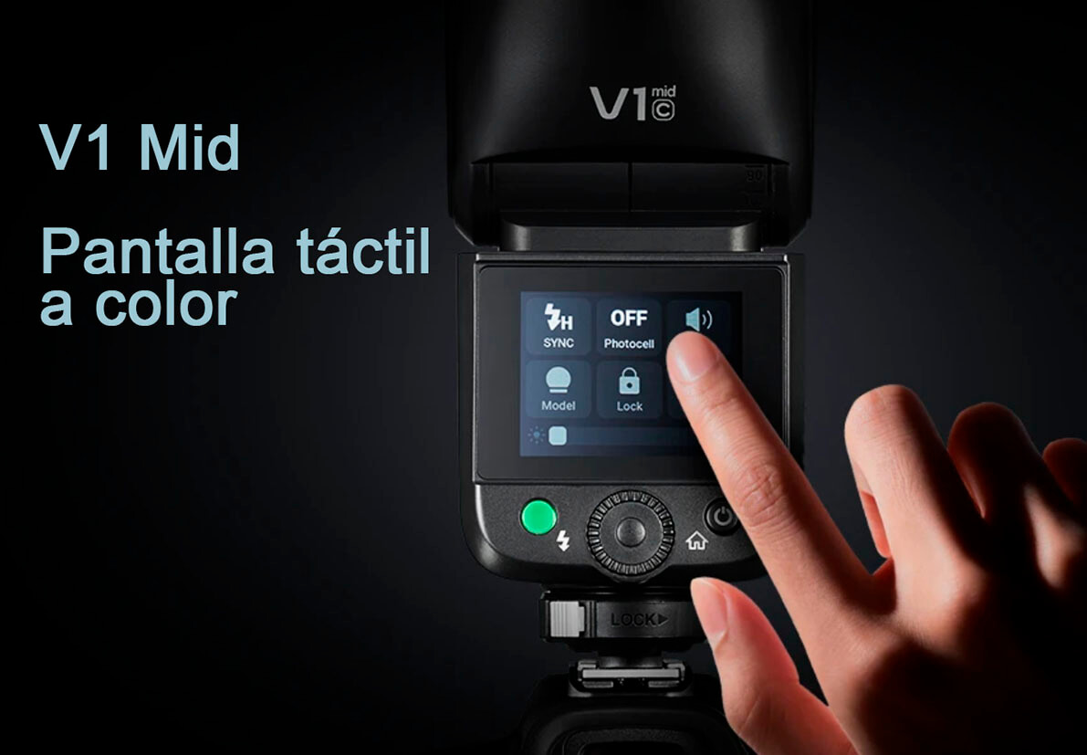 Pantalla táctil a color del Godox V1 Mid para control rápido del flash