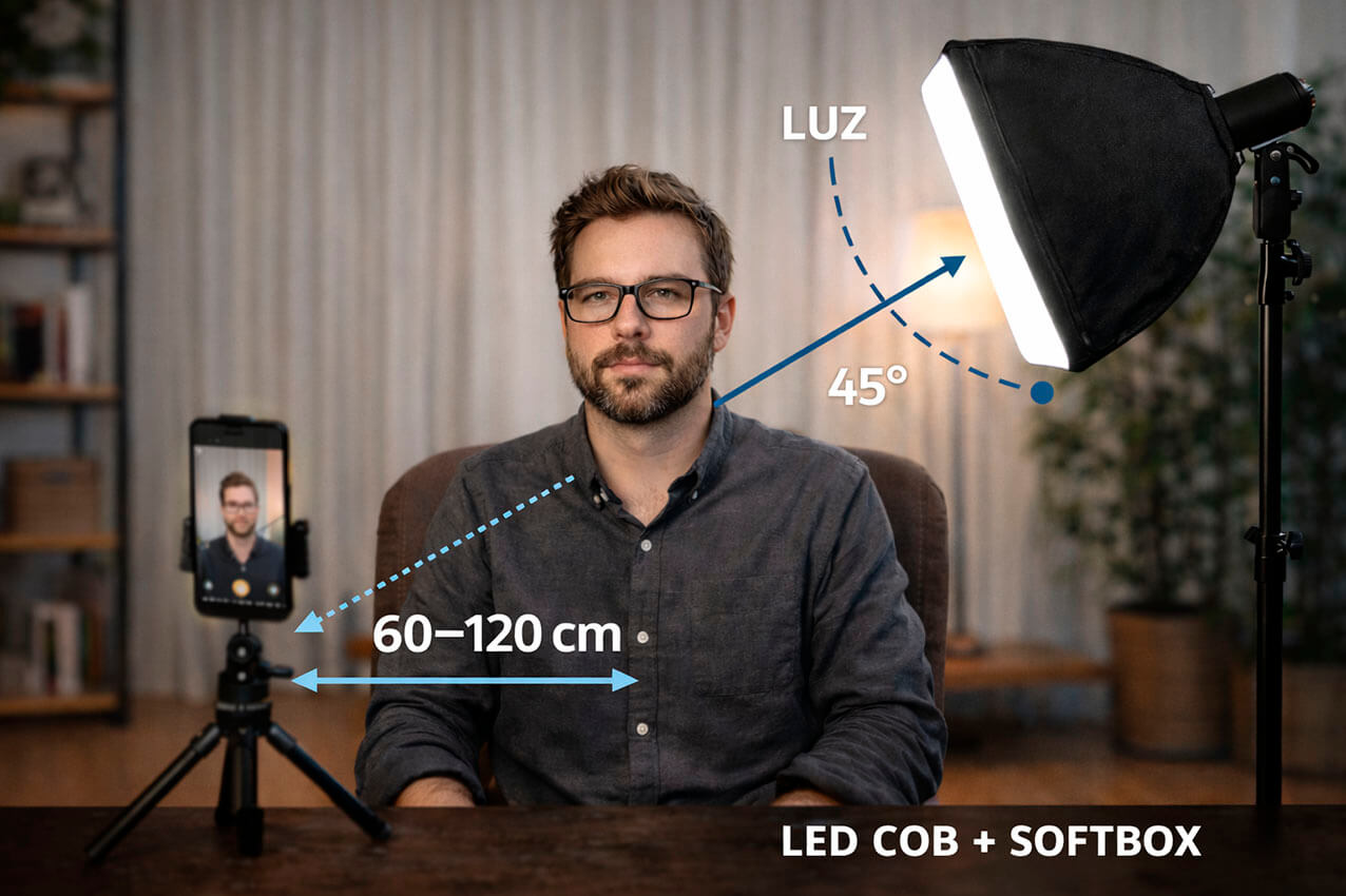 Setup de vídeo con móvil y LED COB con softbox a 45 grados: luz suave tipo ventana