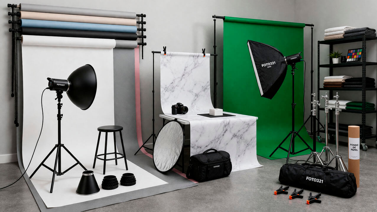 Fondos de estudio y accesorios para fotografía profesional