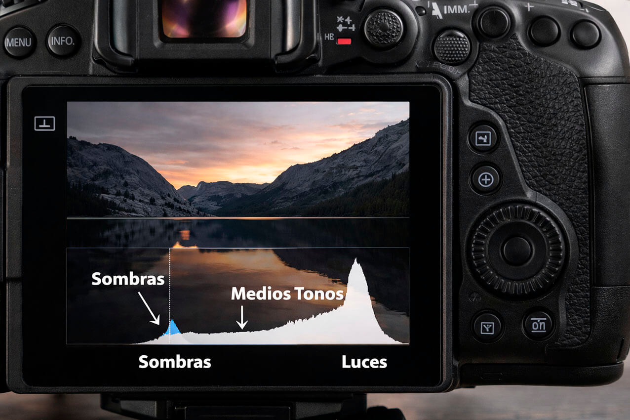 Histograma en fotografía indicando luces, sombras y medios tonos en la pantalla LCD de una cámara