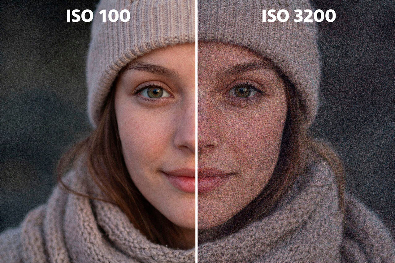 Comparación de retrato con ISO 100 y ISO 3200 mostrando la diferencia de ruido digital en fotografía