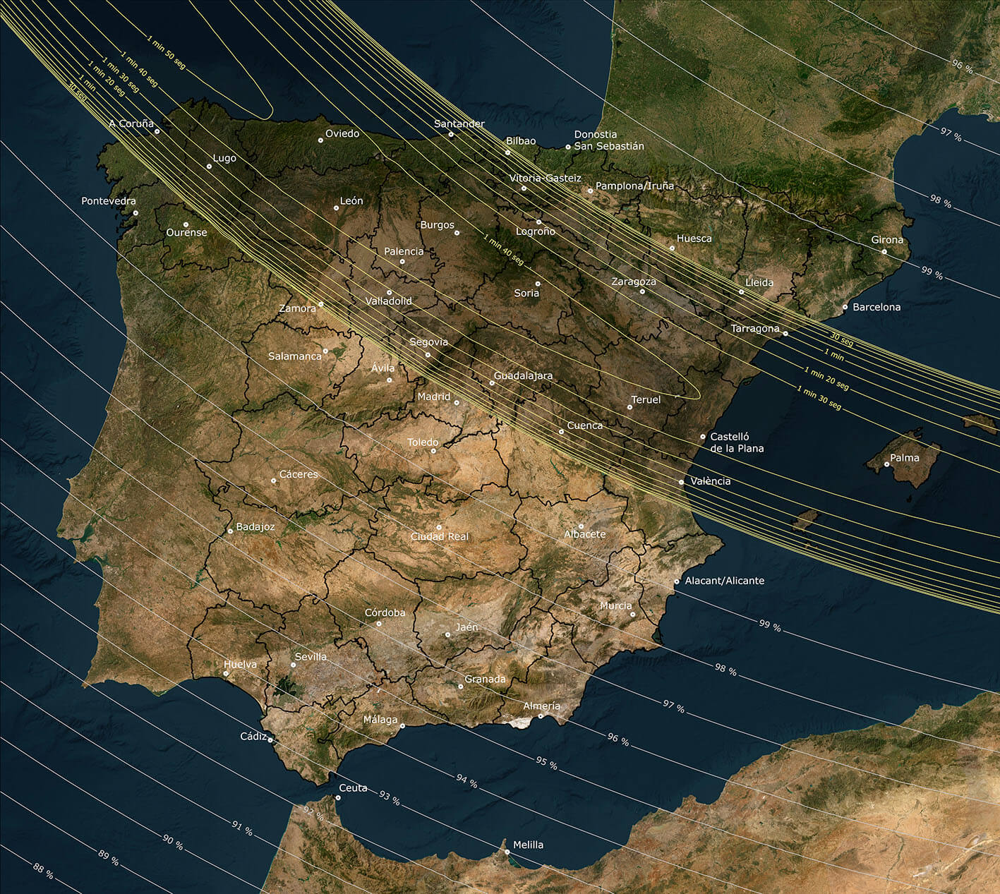 Mapa del eclipse solar total de 2026 en España del Instituto Geográfico Nacional