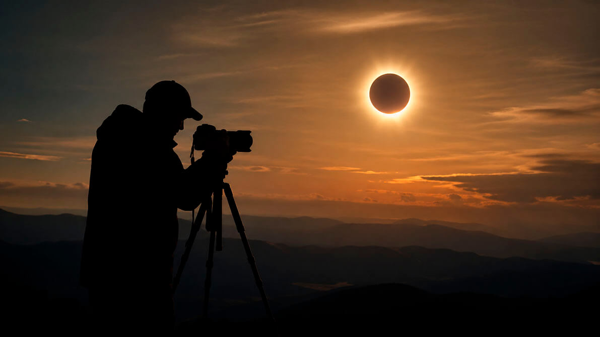Fotógrafo con cámara y trípode preparando la fotografía de un eclipse solar