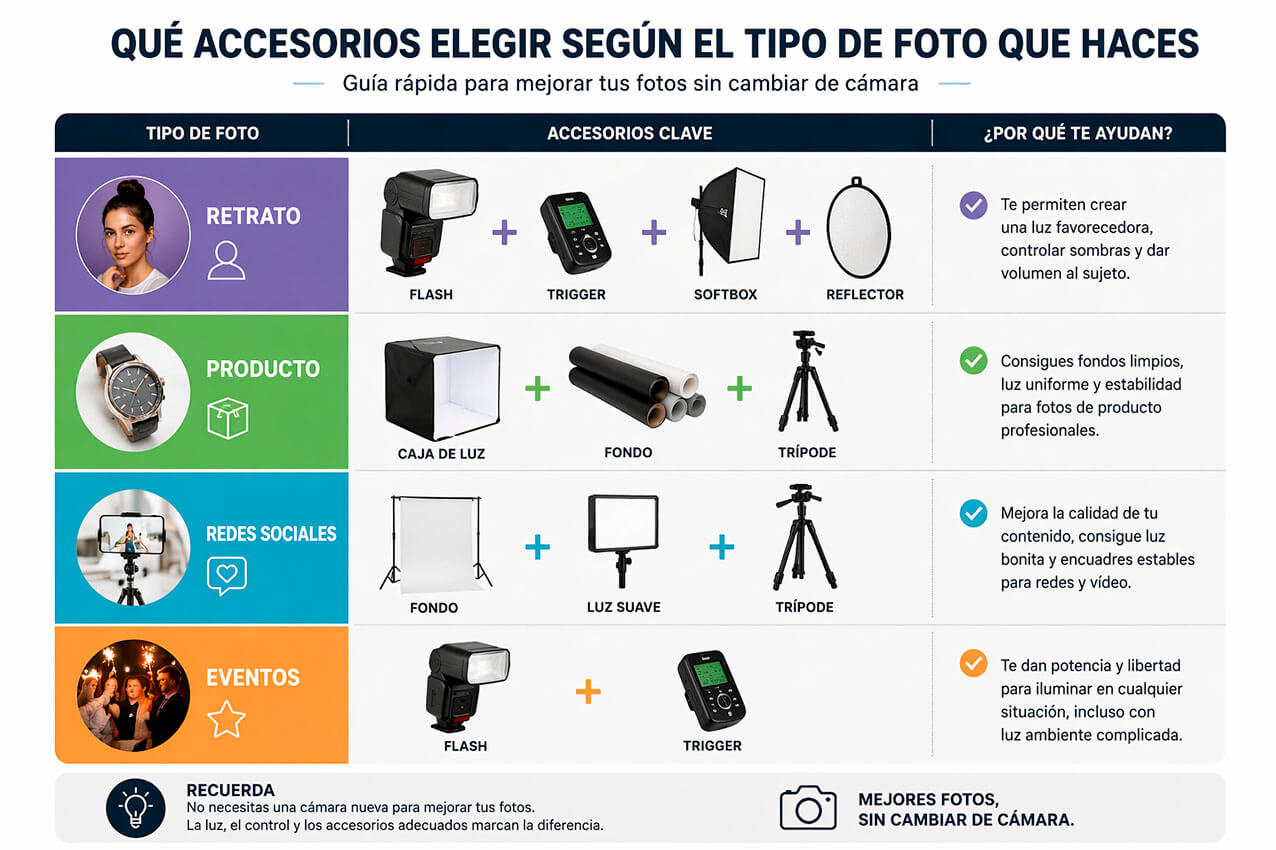 Gráfico resumen de accesorios recomendados para retrato, producto, redes sociales y eventos