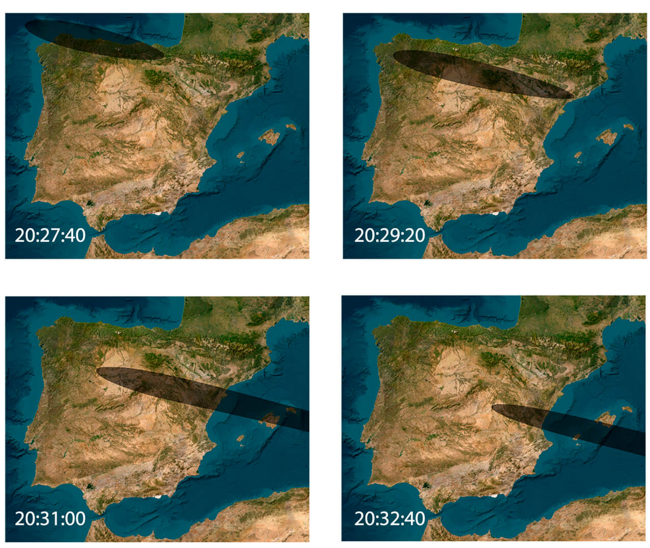 Sombreado del eclipse solar de 2026 por minutos en España según el IGN