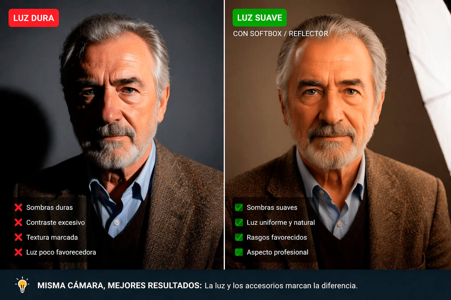 Comparativa de retrato con luz dura frente a luz suave con softbox y reflector