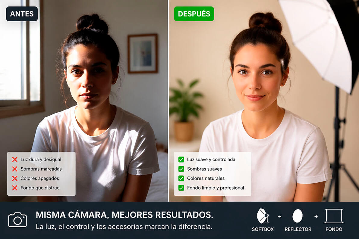 Comparativa de retrato antes y después con la misma cámara y mejor iluminación