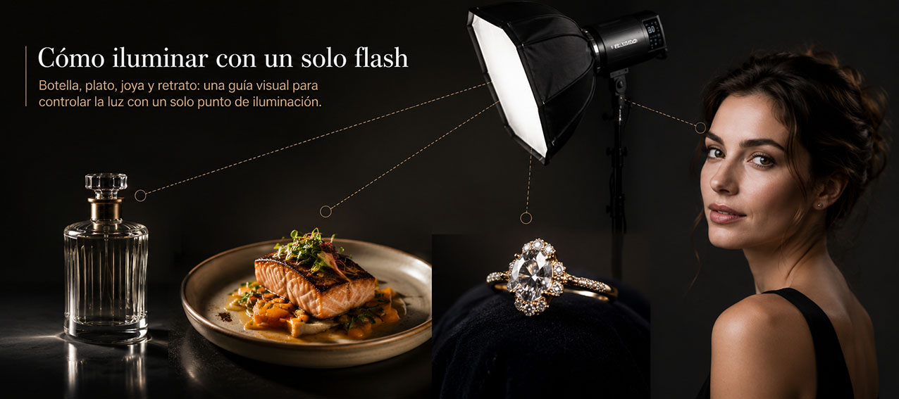 Cómo iluminar un plato, una botella, una joya y una persona con un solo flash