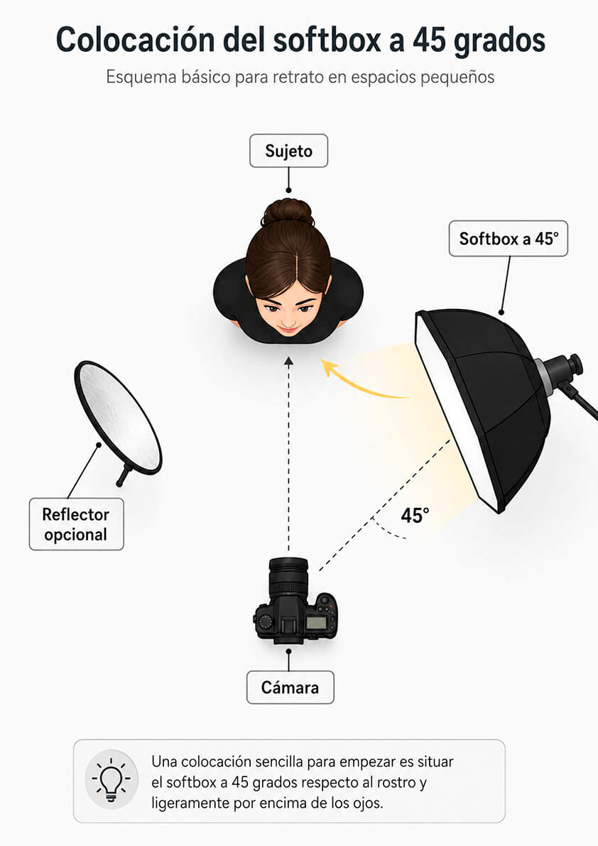 Diagrama de colocación del softbox a 45 grados para retrato