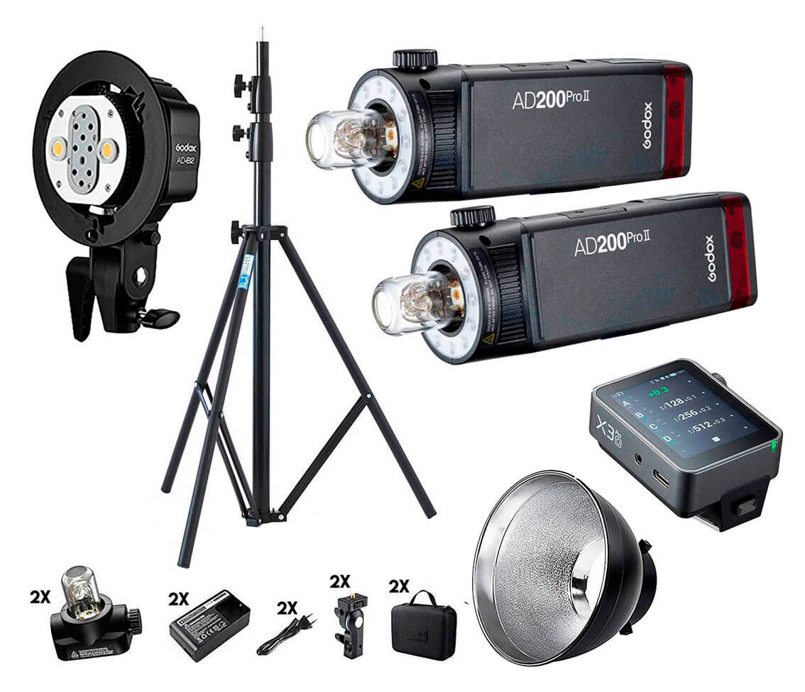 Kit 2 flashes Godox AD200Pro II con X3 Pro y accesorios