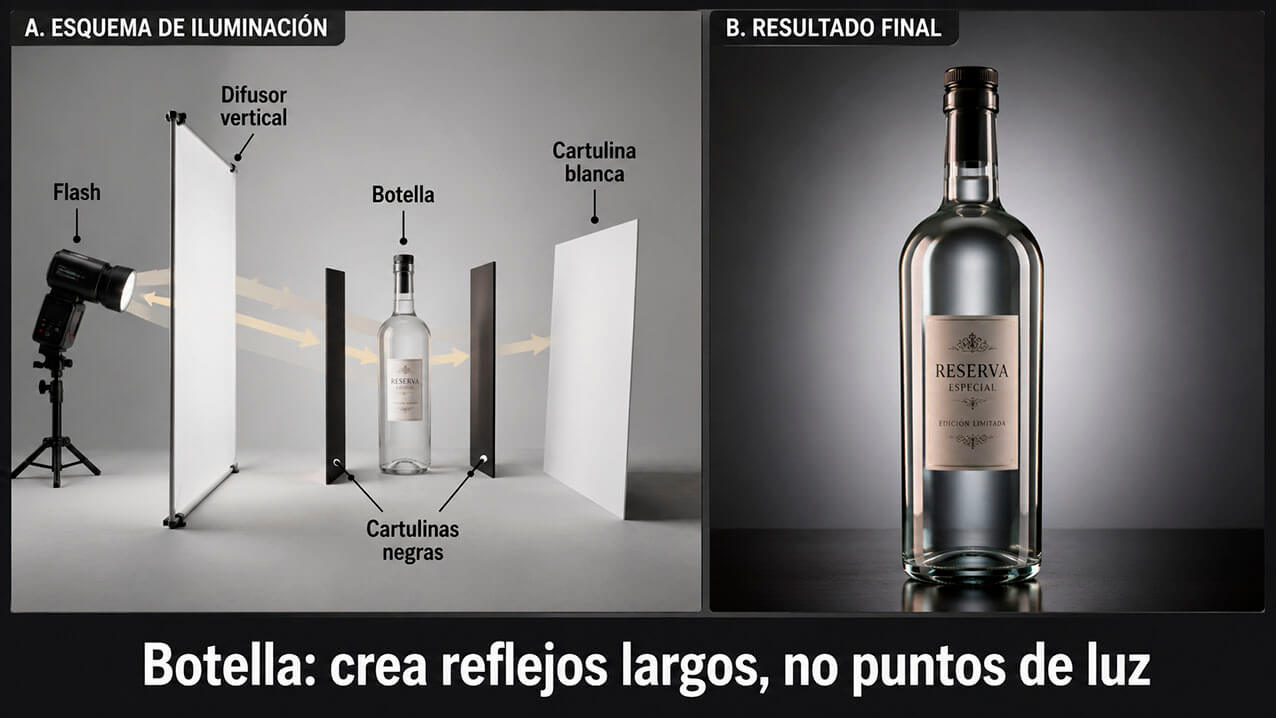 Esquema de iluminación lateral para fotografiar una botella con un solo flash