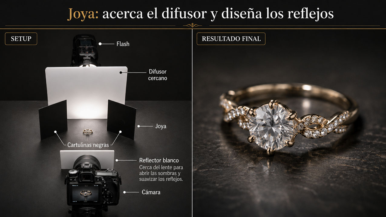 Esquema de iluminación para joyería con un solo flash y difusor cercano