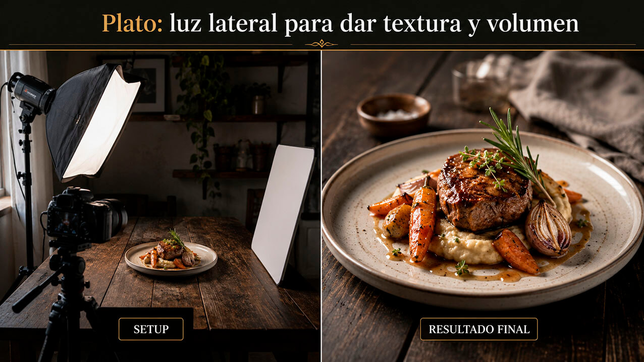 Fotografía gastronómica iluminada con un solo flash lateral y reflector