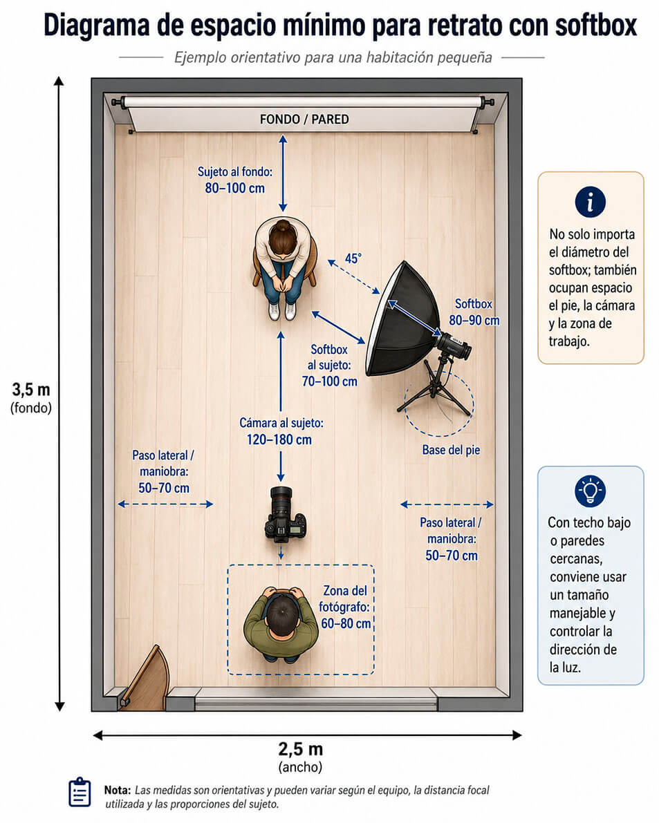 Diagrama de espacio mínimo para retrato en habitación pequeña con softbox