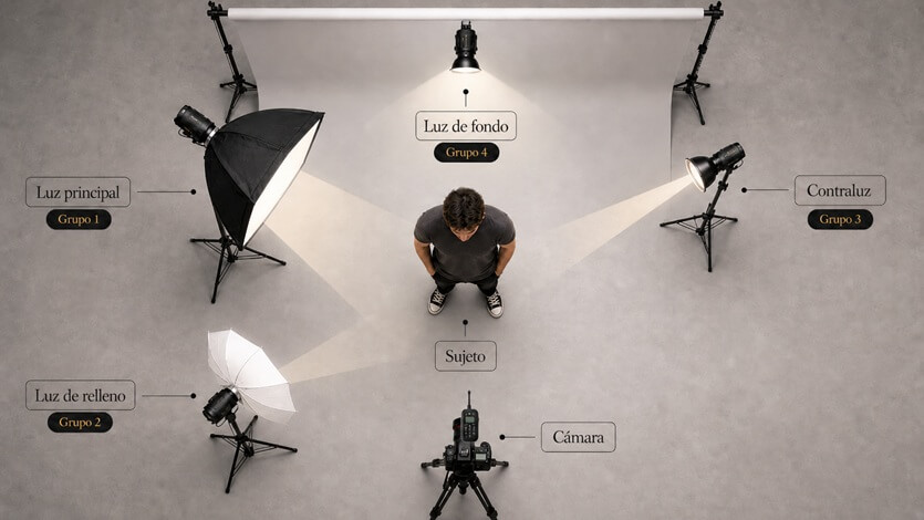 Esquema de iluminación con varios flashes controlados por grupos