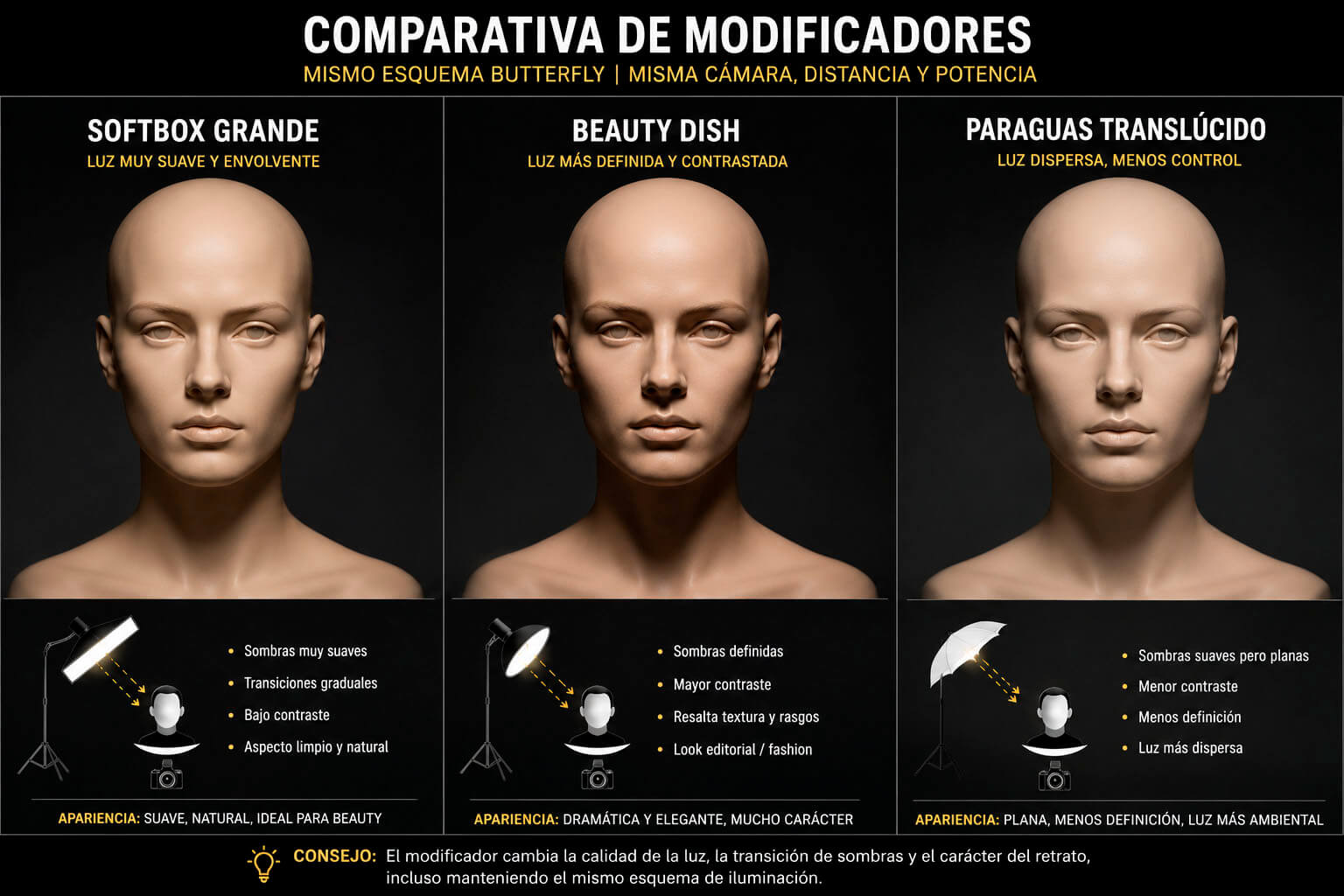 Comparativa de modificadores para luz butterfly con softbox beauty dish y paraguas