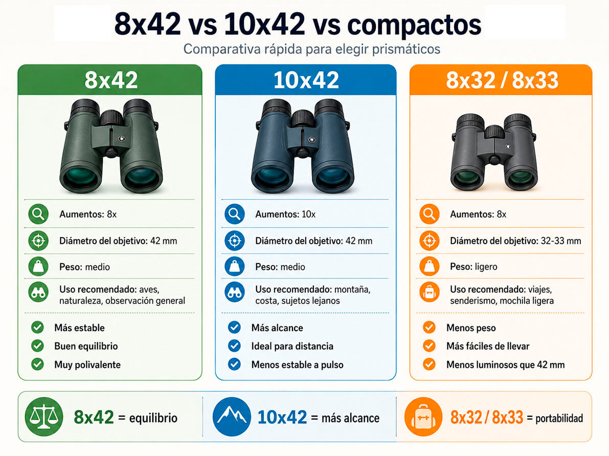 Comparativa de prismáticos 8x42 10x42 y compactos para senderismo