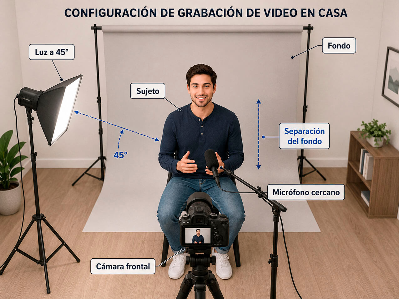 esquema de kit para grabar vídeos en casa con luz a 45 grados